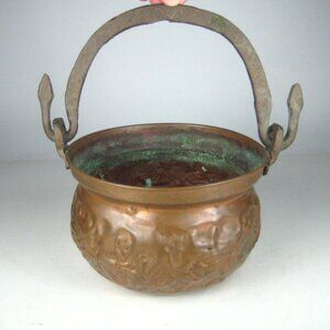 Vintage Copper Cauldron Pot Planter Rustic Floral Metal Snake Handle Patina